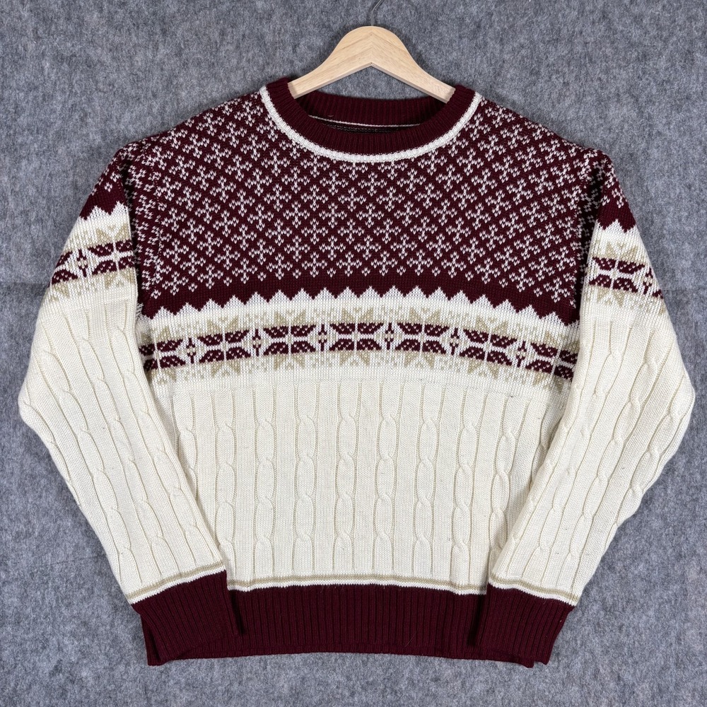 Vintage‎ Nordic Fair Isle Sweater Cream Red Long Sleeve Snow Flake 22 x 25 M/L